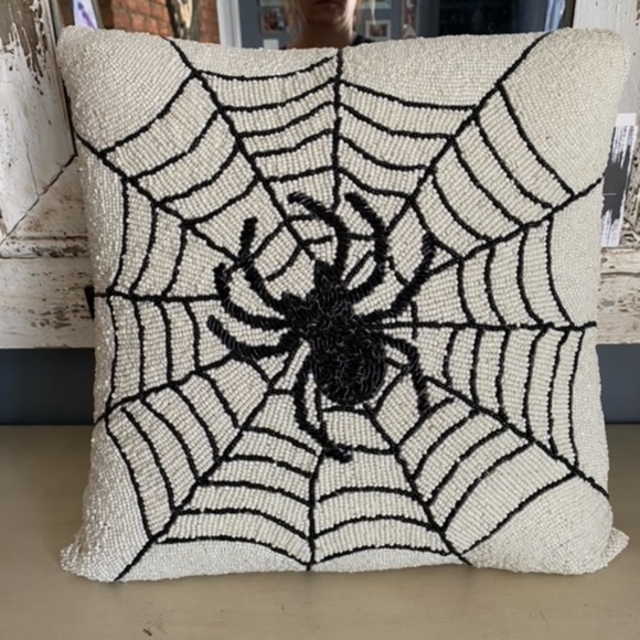 Set of 2 - Beaded Spiderweb 16" Throw Pillow Noir Night - Picture 1 of 2
